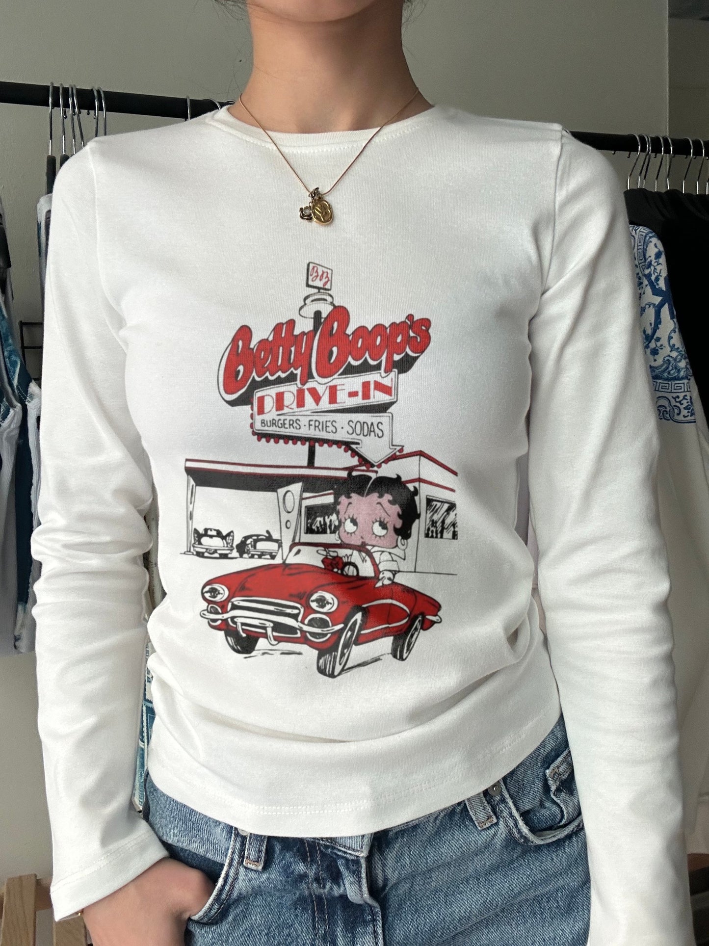 Vintage Betty Boop Printed Long Sleeve Tee | Botanical Vintage Illustration Top