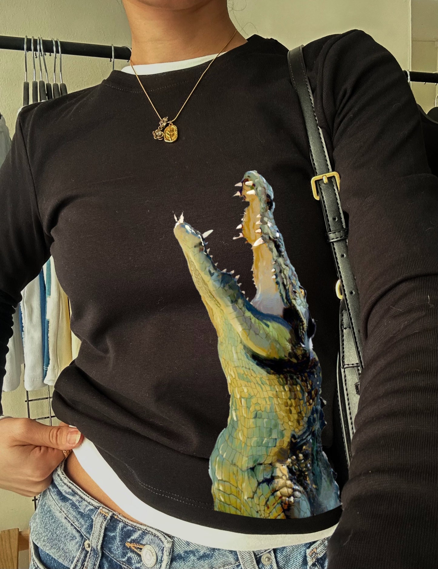 Vintage Crocodile Printed Long Sleeve Tee | Botanical Vintage Illustration Top