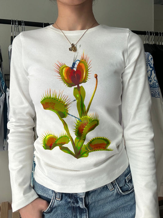 Venus Flytrap Poster Printed Long Sleeve Tee | Botanical Vintage Illustration Top White