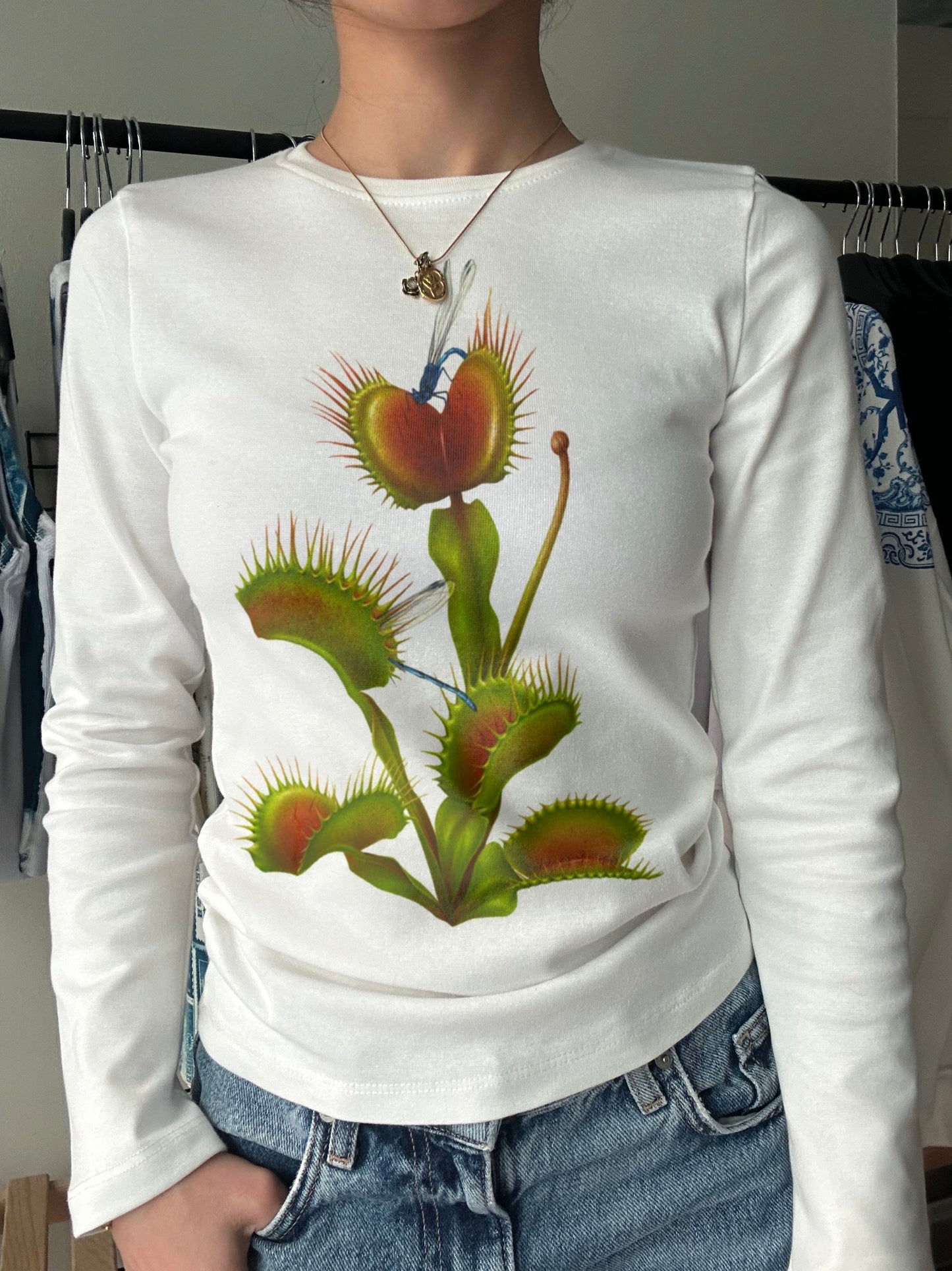 Venus Flytrap Printed Long Sleeve Tee | Botanical Vintage Illustration Top