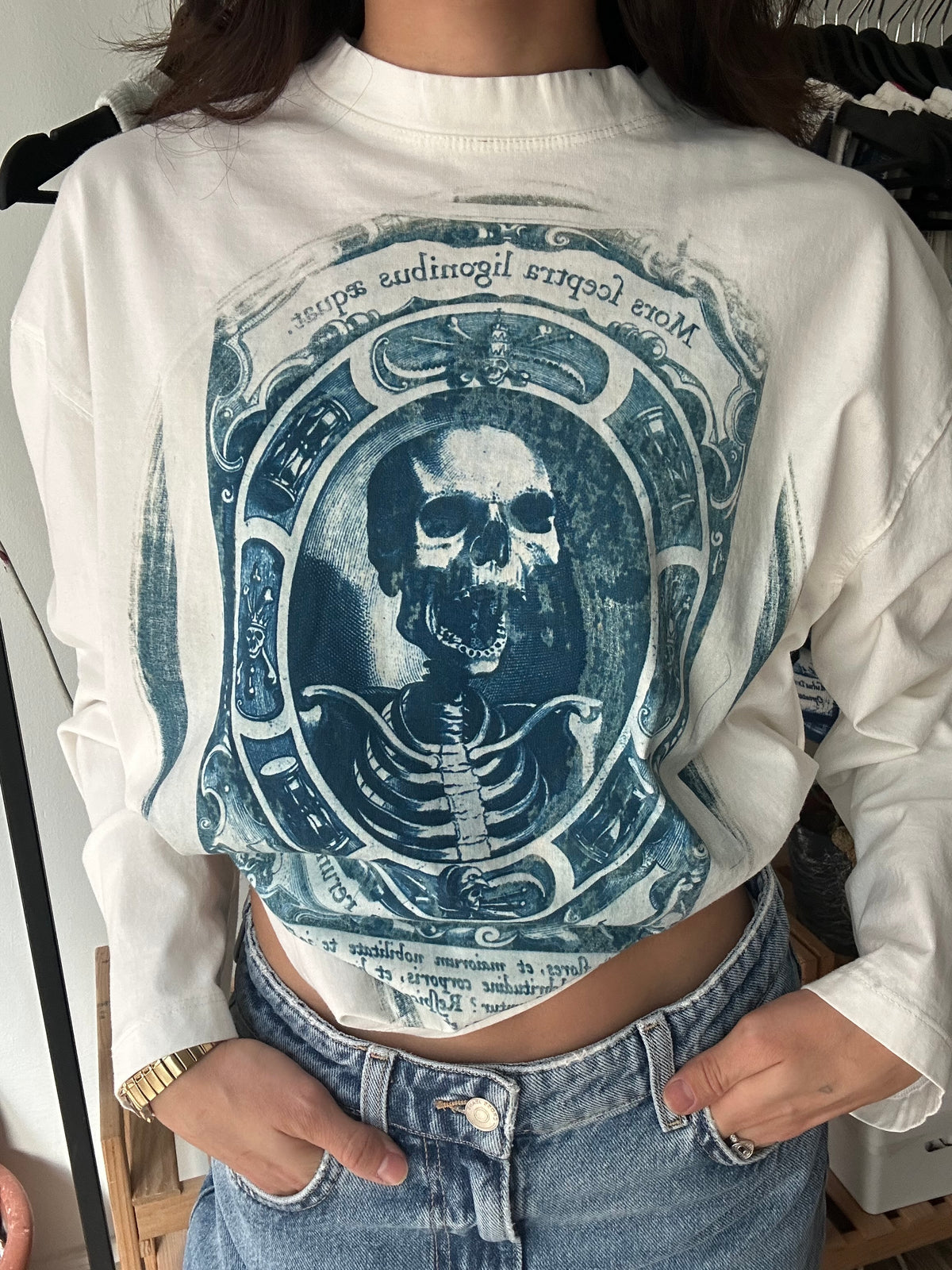 Skeleton Cyanotype Printed Boxy Cut Long Sleeve Tee