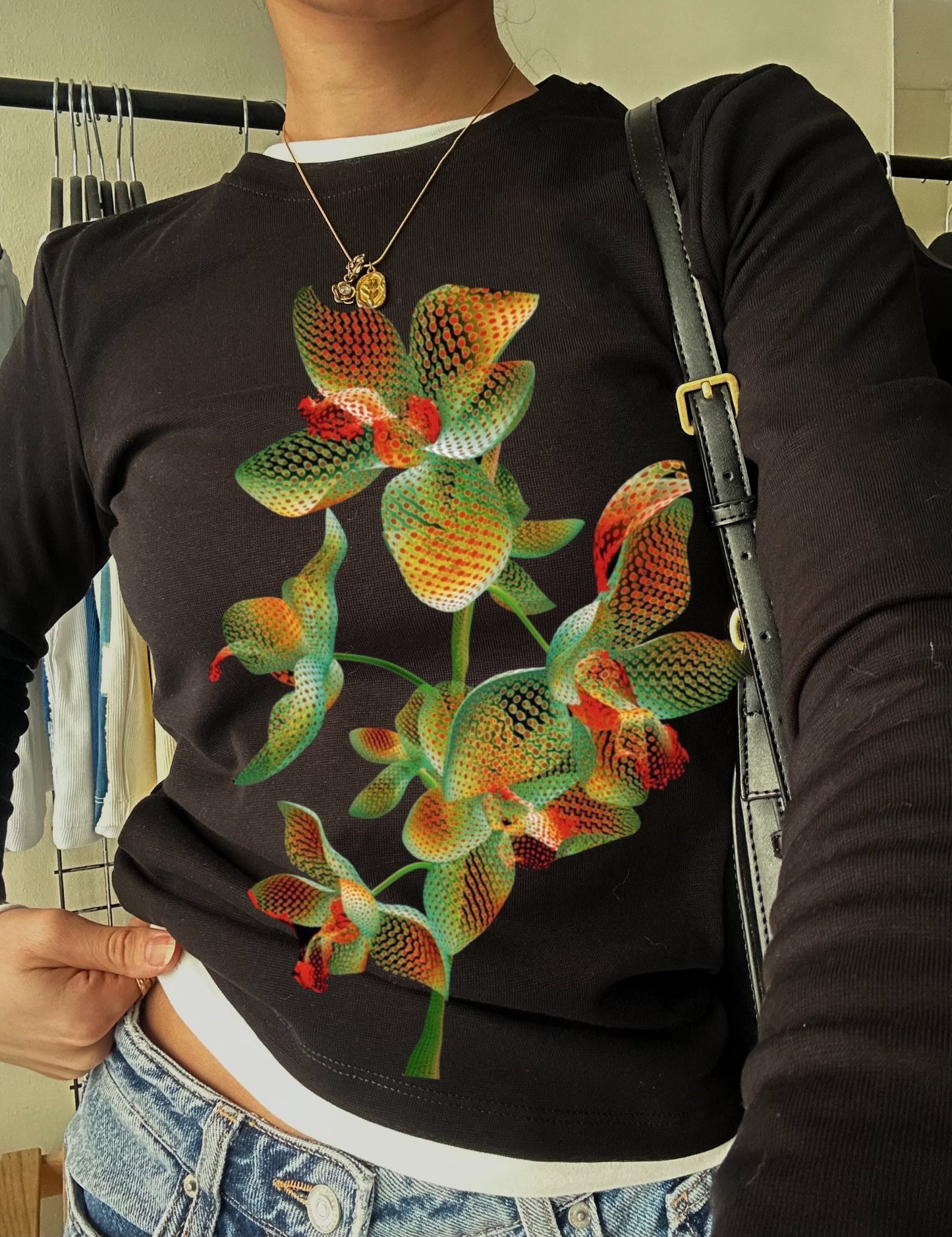 Neon Flower Illustration Long Sleeve Tee, Black