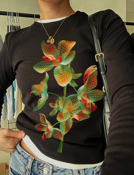 Neon Flower Illustration Long Sleeve Tee, Black