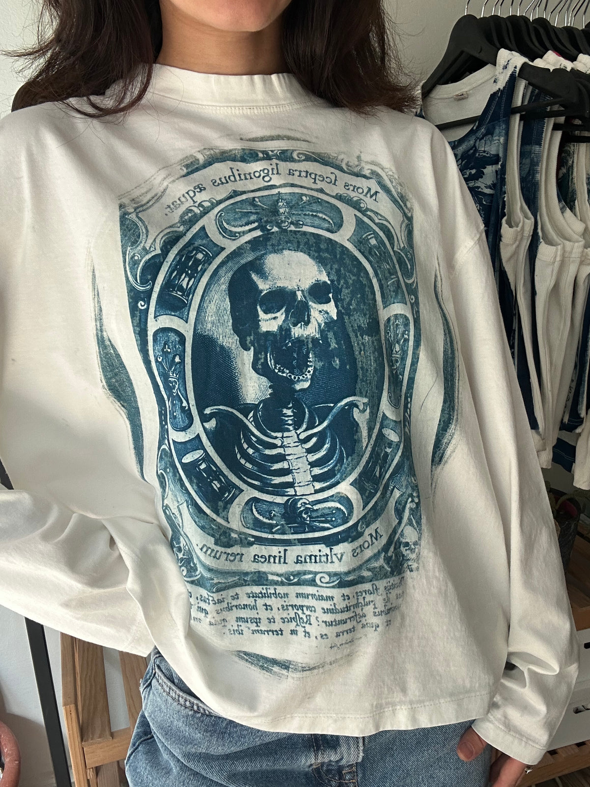 Skeleton Cyanotype Printed Boxy Cut Long Sleeve Tee