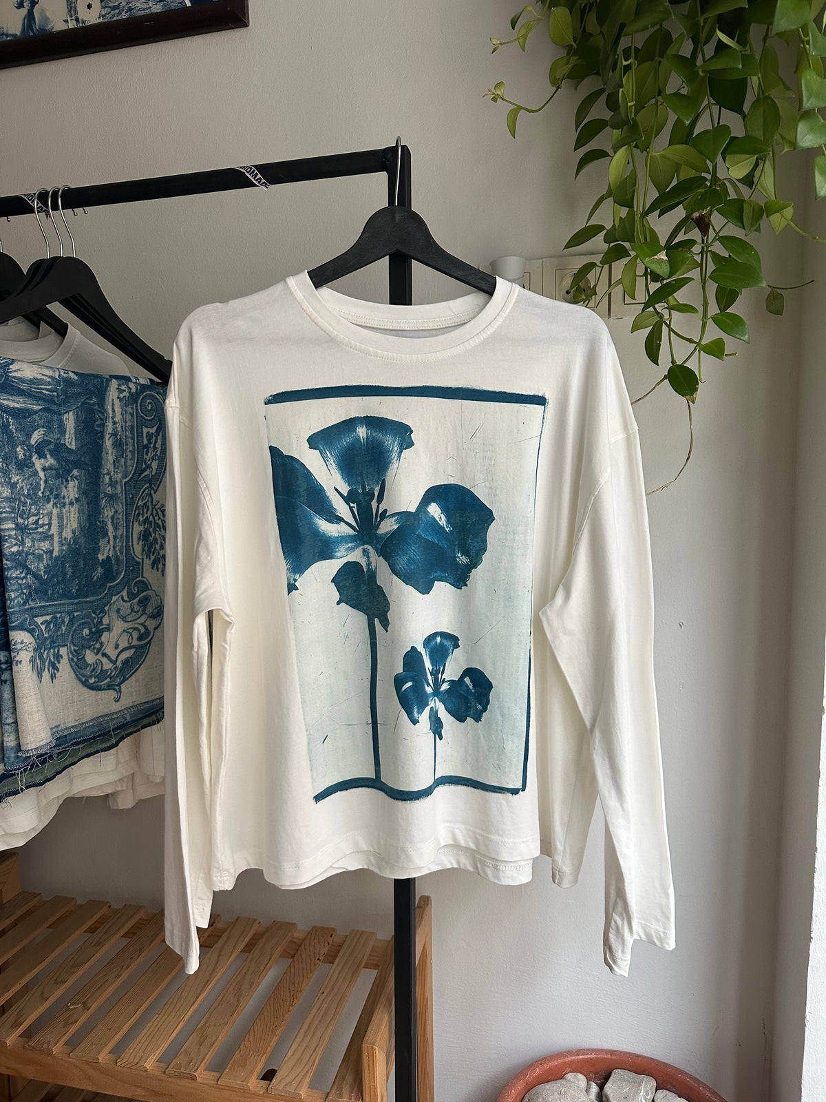 Flowers Cyanotype Printed Boxy Cut Long Sleeve Tee