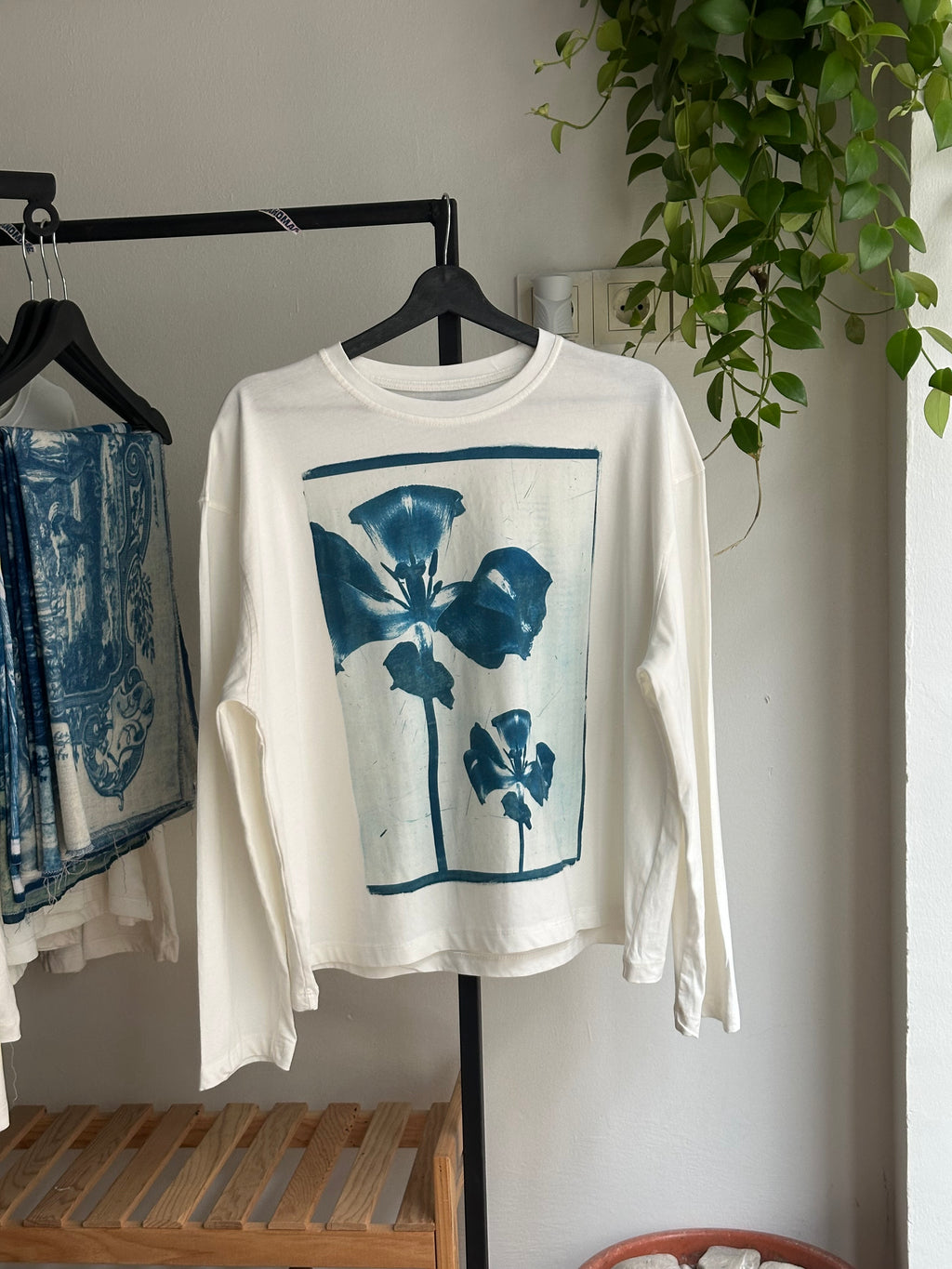 Flowers Cyanotype Printed Boxy Cut Long Sleeve Tee