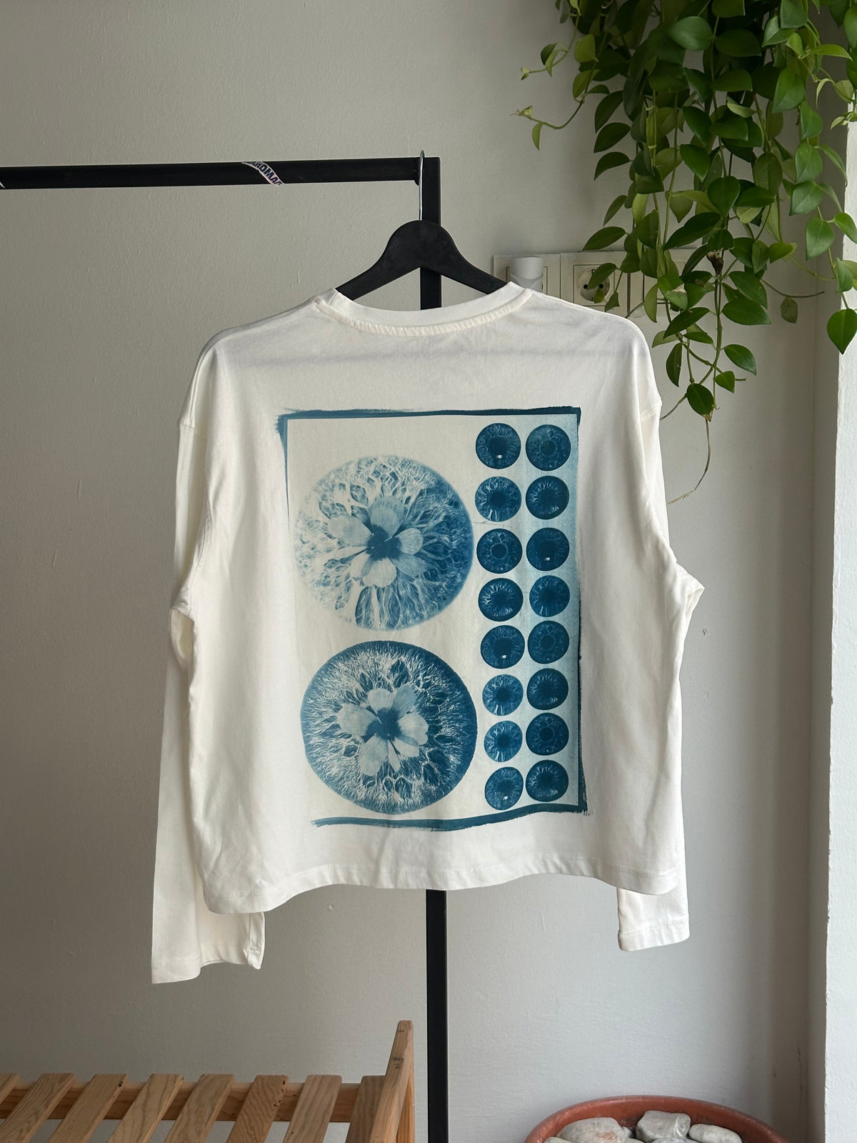 Iris Flowers Cyanotype Printed Boxy Cut Long Sleeve Tee