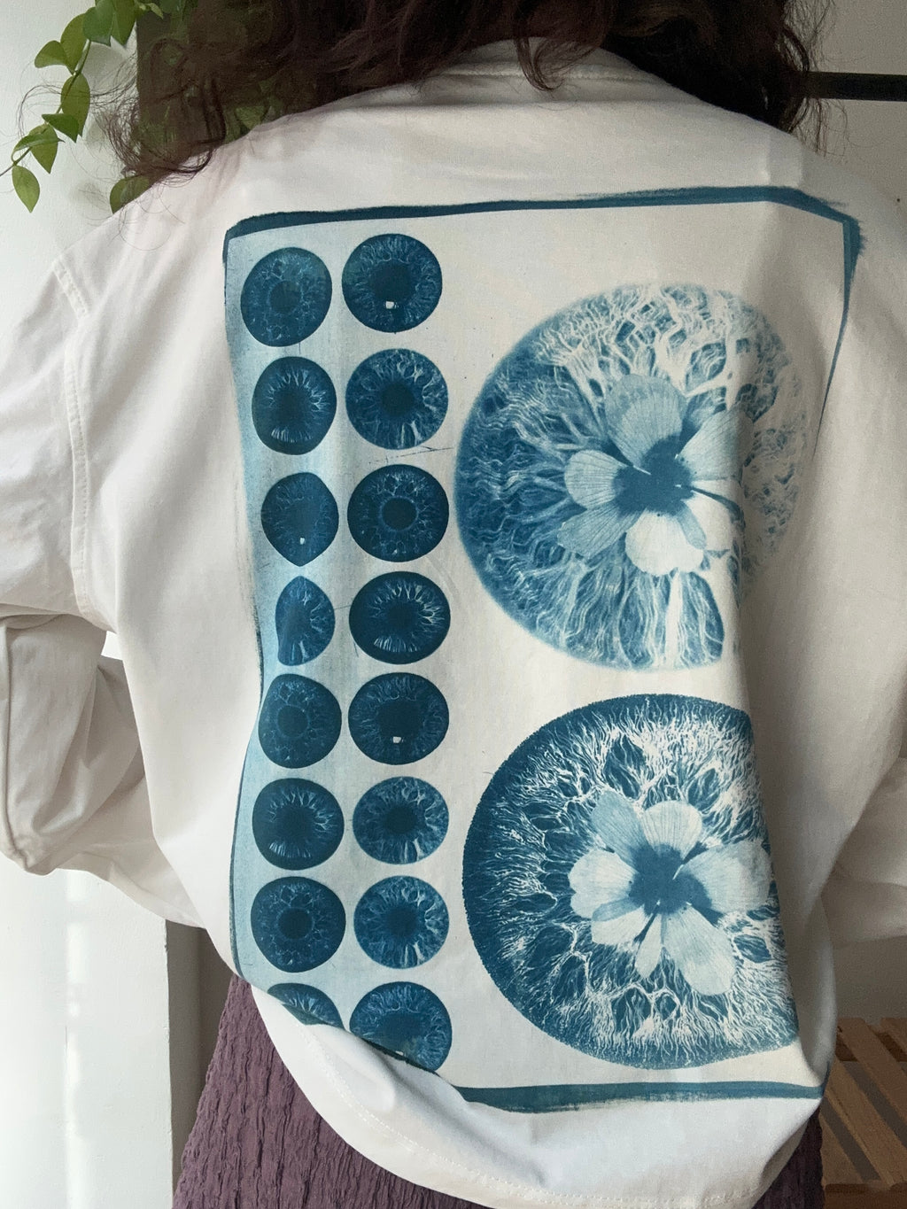 Iris Flowers Cyanotype Printed Boxy Cut Long Sleeve Tee