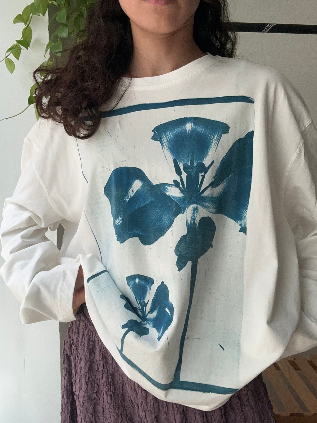 Flowers Cyanotype Printed Boxy Cut Long Sleeve Tee