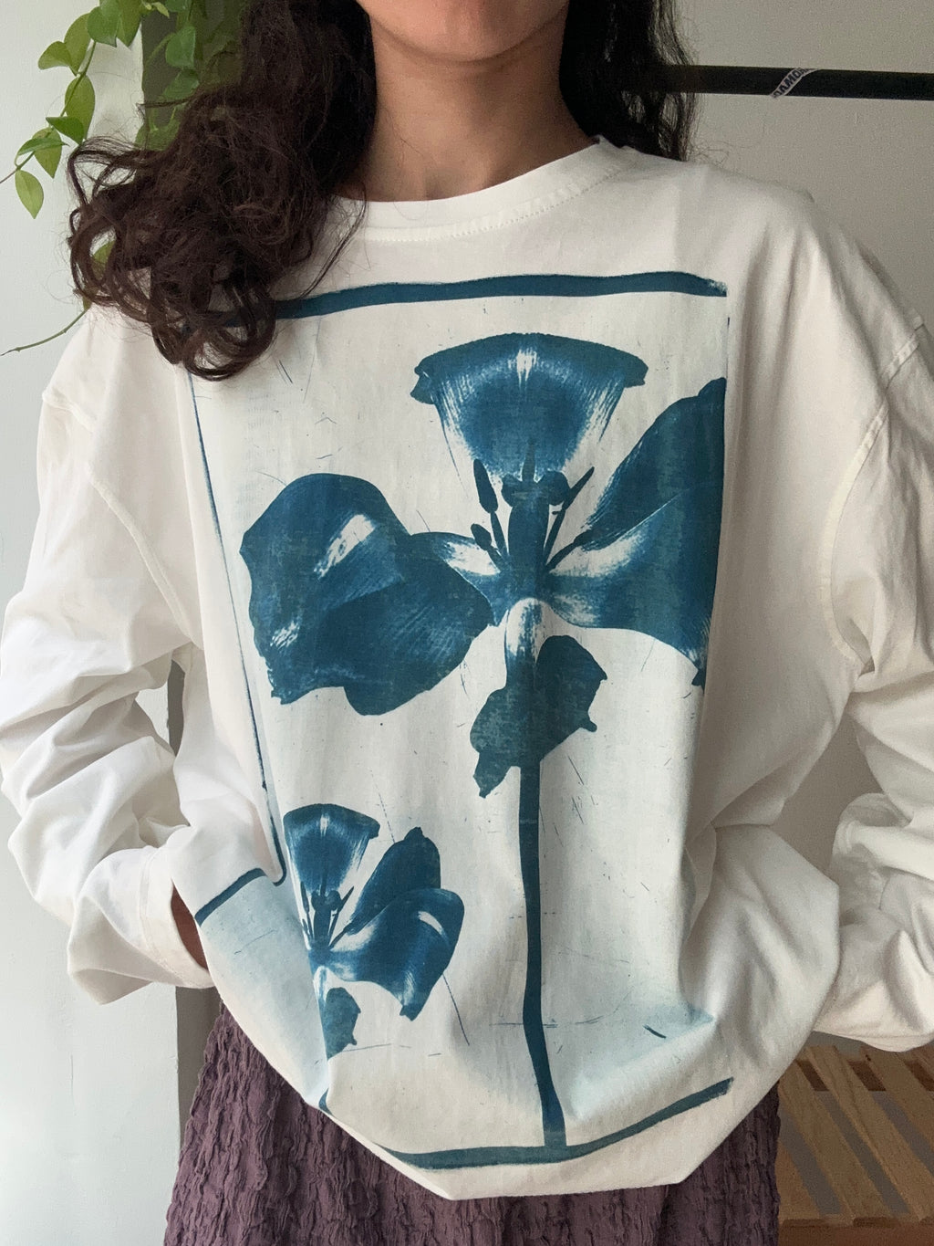 Flowers Cyanotype Printed Boxy Cut Long Sleeve Tee