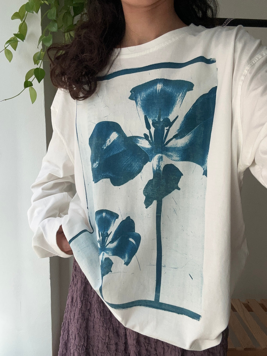 Flowers Cyanotype Printed Boxy Cut Long Sleeve Tee