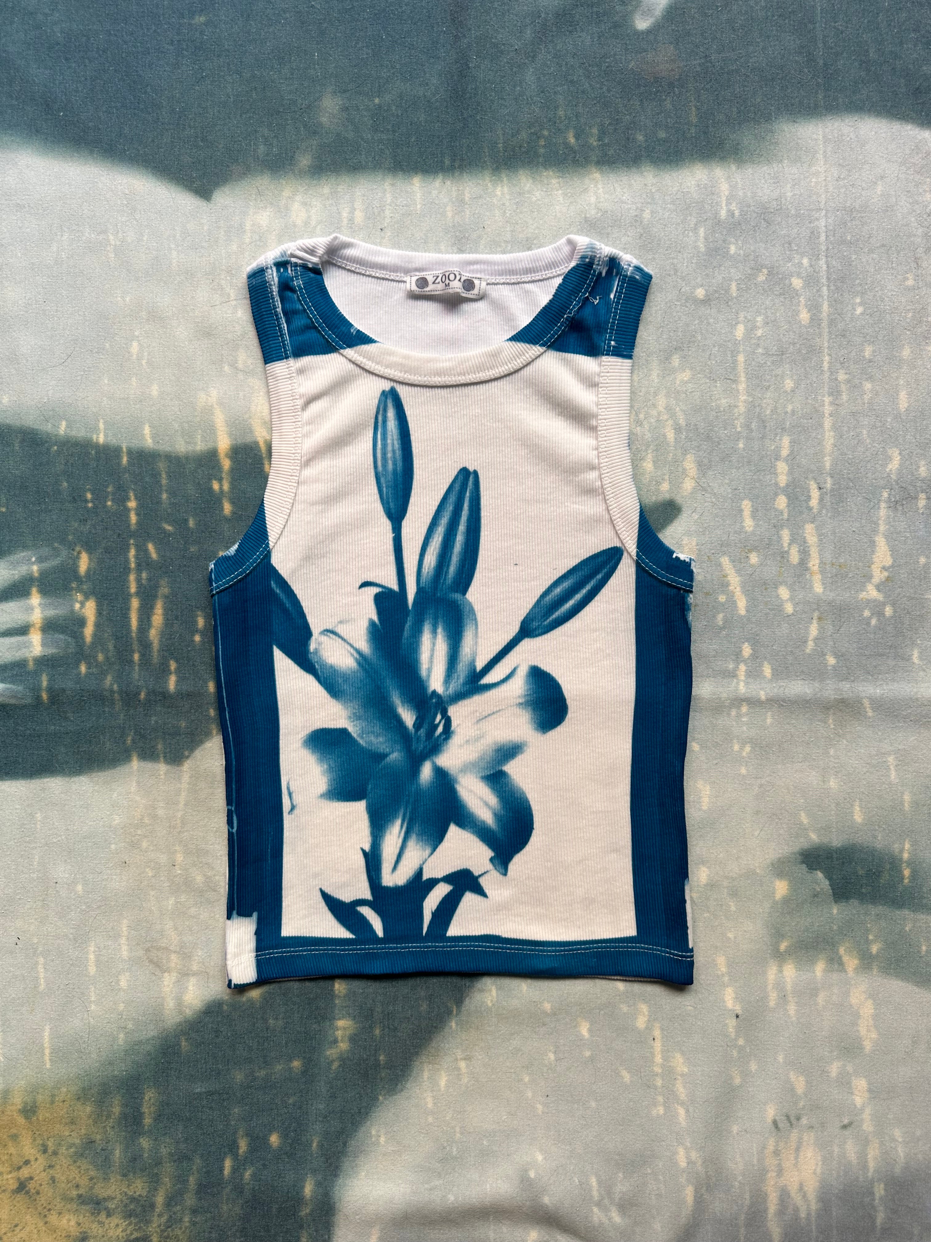 Handmade blue cyanotype crop top by ZOOZ Art Studio.
