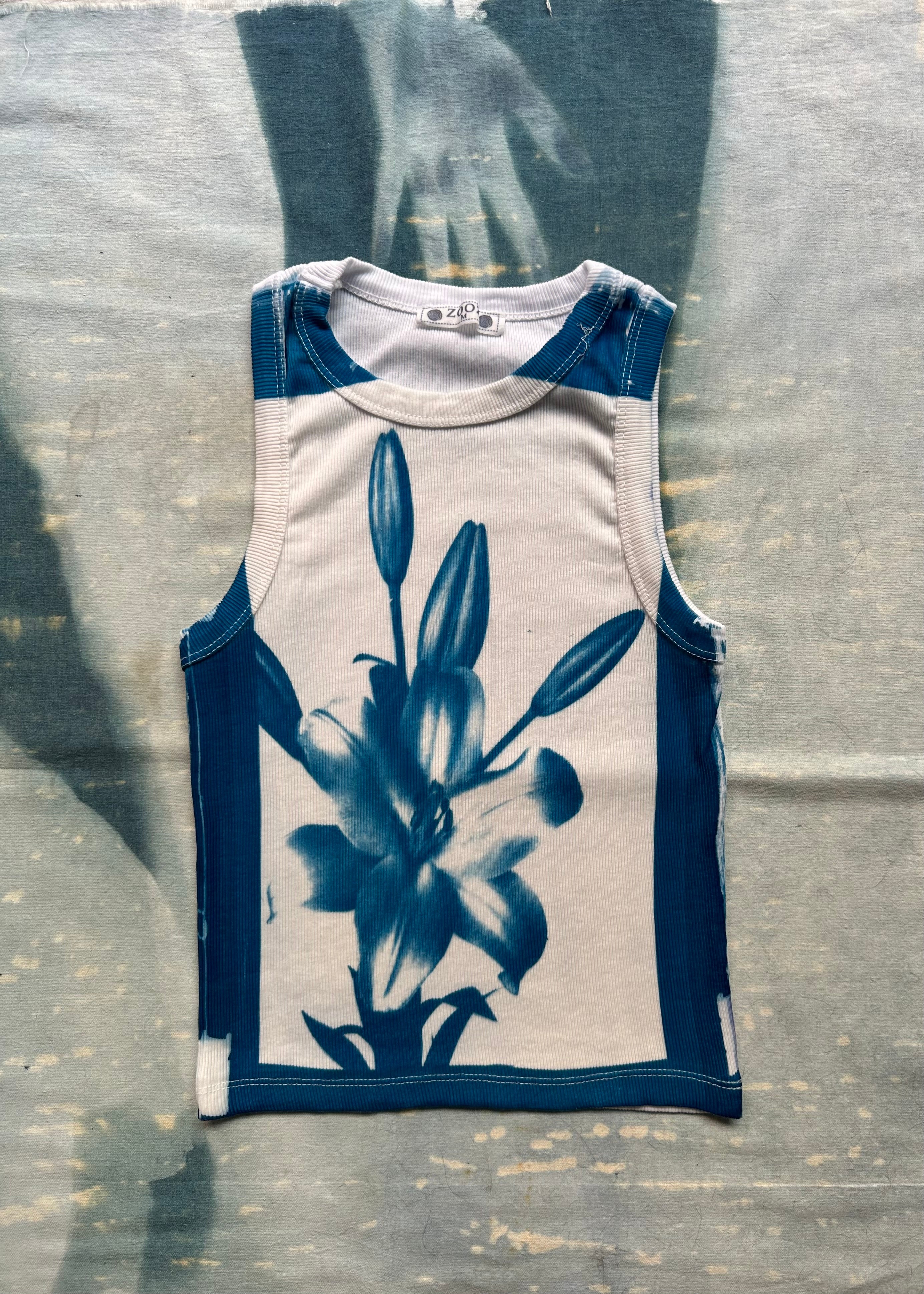 Handmade blue cyanotype crop top by ZOOZ Art Studio.